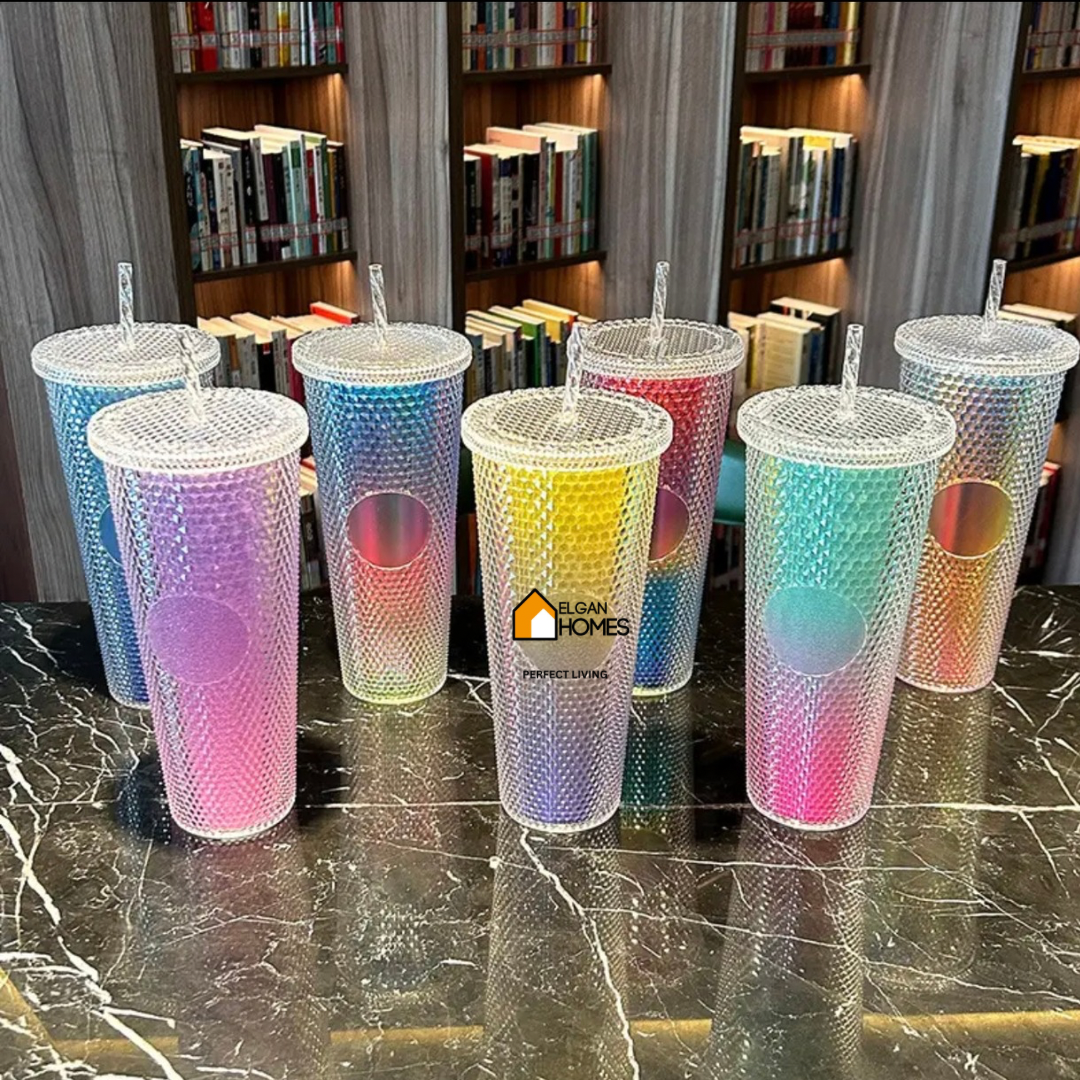 Diamond-Cut Colorful Glass with Matching Straw – Sip with Sparkle