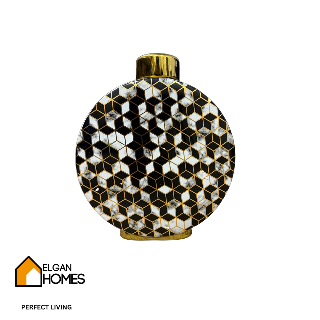 Geometric Luxe Round Vase β Black, White & Gold