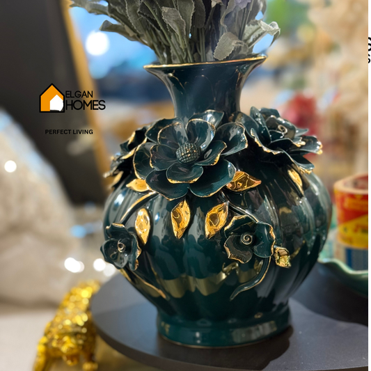 Antique green and golden accent floral vase 🏺