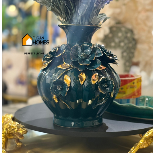 Antique green and golden accent floral vase 🏺