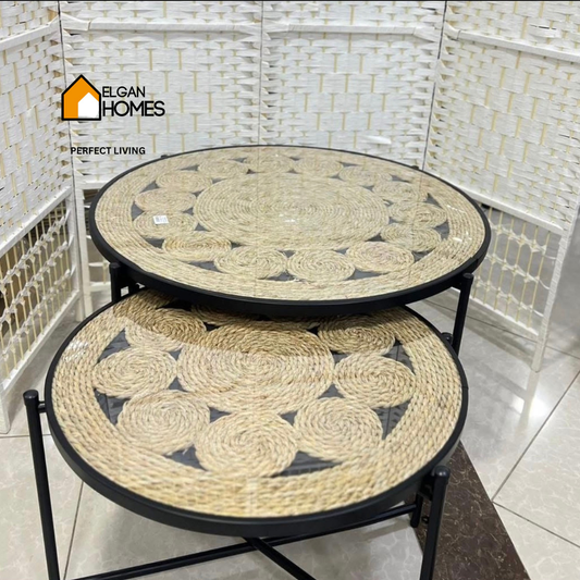 Premium Handwoven Nesting Coffee Table Set with premium acrylic mirror top unbreakable