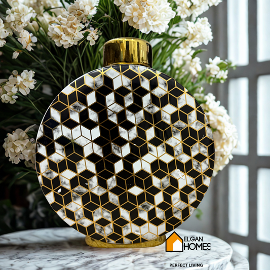 Geometric Luxe Round Vase – Black, White & Gold