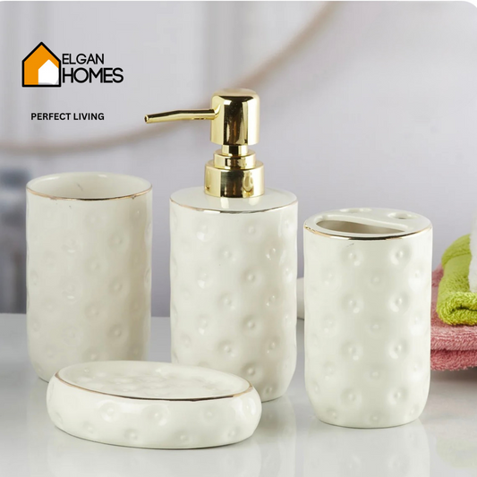 Ceramic 4-Piece Bath Set – White with Gold Accent