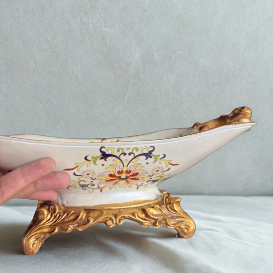 Vintage Gold-Handled Porcelain Serving Tray Featuring Ornate Floral Design white